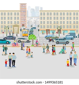 City with traffic and pedestrians on the sidewalk