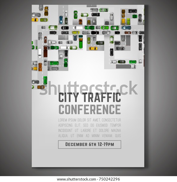City traffic poster with top view cars images.\
Editable vector illustration in modern flat style. Portrait layout\
useful for print, brochure, leaflet or placard design. Intense\
traffic idea.