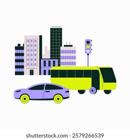 City Traffic Scene With Bus And Car In Flat Vector Illustration Symbolizing Urban Transportation, Traffic Flow, And Commuting, Isolated On White Background.