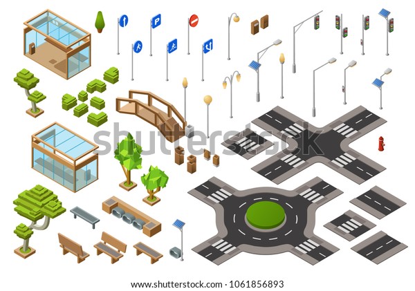 City traffic street isometric 3D vector\
illustration of traffic light, transport direction signs. Isolated\
isometric constructor icons of town bench, bus stops and bridge or\
crossroad lane marking