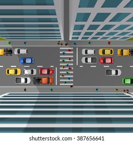 City traffic top view with cars pedestrian crossing and skyscrapers 3d vector illustration