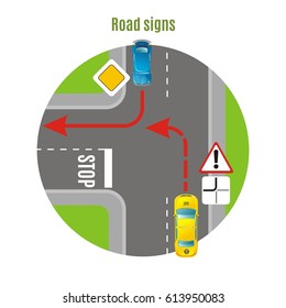 City traffic top view concept with road signs vehicles and turn rule on urban crossroads vector illustration