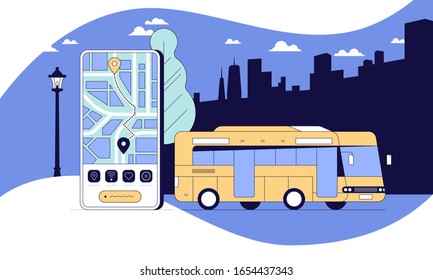 City traffic tracking flat banner vector template. Cartoon mobile phone and autobus illustration. Public transportation and gps navigation. Bus location searching app. Online transport system