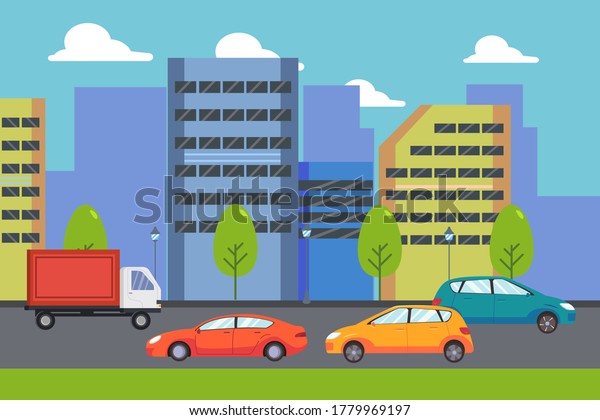 City traffic vector concept: City buildings with\
cars and truck on the\
road