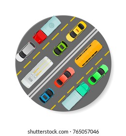 City traffic vector icon. Passenger cars, truck, bus, trolleybus goes on road top view flat vector illustration. Urban transport. Traffic on town road concept. For city infographics, web design