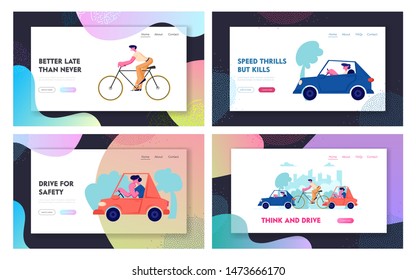 City Traffic Website Landing Page Set. People Driving Different Types of Transport as Cars and Bicycle on Road. Cycle and Automobiles Transportation Web Page. Cartoon Flat Vector Illustration, Banner