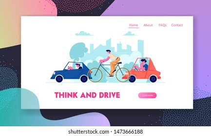 City Traffic Website Landing Page. People Driving Different Transport as Cars and Bicycle on Road. Cycle and Automobiles on Cityscape Background Web Page. Cartoon Flat Vector Illustration, Banner