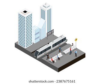 City Train station with passengers at platform isometric 3d vector illustration concept for banner, website, landing page, flyer, etc