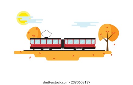 City Tram in Autumn Flat. Urban public means of transportation concept vector