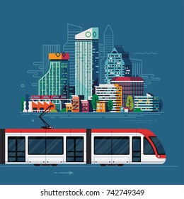 City tram connection. tramway network vector illustration with large abstract city and modern tram car