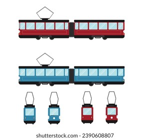 City Tram Flat Isolated Different Perspectives. Urban public means of transportation concept vector