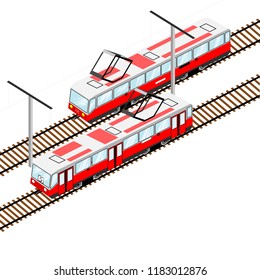 city trams going in different directions in isometric view