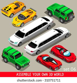 City Transport 3D Flat Vector Icon Set. Isometric Cabrio Sportscar SUV Luxury High Class Limousine Collection Web Infographic Vehicles