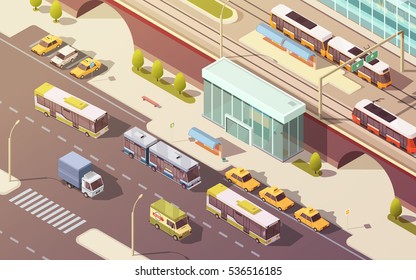  City transport with bike car bus and tram symbols isometric vector illustration 