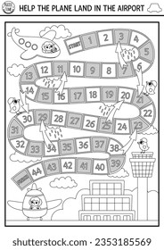 City transport black and white dice board game with landing airplane, pilot. Air transportation boardgame for kids.  Printable activity, coloring page. Help plane get to airport