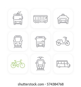 City transport, bus, transit van, cab, train, taxi line icons set