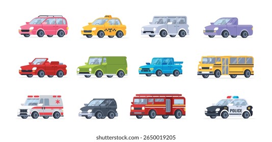 City transport car. Urban cars and vehicles. Police car, fire truck, taxi, ambulance, school bus, automobile. Emergency service vehicles. Classic passenger auto. Vector set.