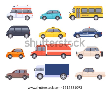 City transport cars. Urban car and vehicles, taxi, school bus, ambulance, fire engine, police and pickup truck. Flat automobile vector set. Isolated public cars for first aid transportation