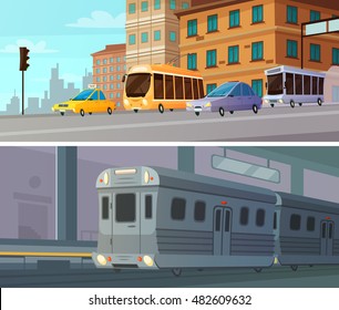 City transport cartoon horizontal banners set of subway station with train and ground passenger transportation at intersection flat vector illustration 