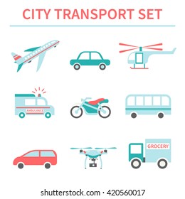 City transport collection. Set of vector icons for cars, truck, plane, helicopter, air drone, bus, ambulance, motorbike. Flat design on isolated background. For web-design, infographics etc.