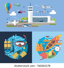 City transport composition with airport terminal passenger bus at plane taking off background flat illustration. Diving equipment. Boat with paddle. Image for presentation, banner.