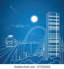 City and transport composition, vector lines landscape, night town, airplane fly, train on the bridge, vector design