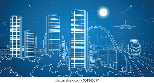 City and transport composition, vector lines landscape, night town, airplane fly, train on the bridge, vector design