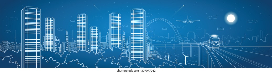 City and transport composition, vector lines landscape, night town, airplane fly, train on the bridge, vector design