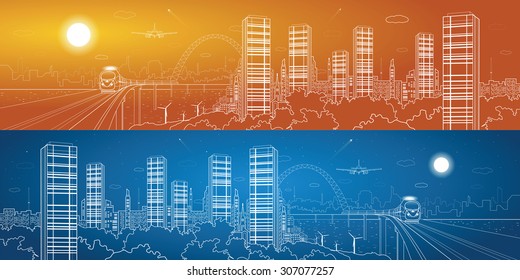 City and transport composition, vector lines landscape, night town, airplane fly, train on the bridge, vector design