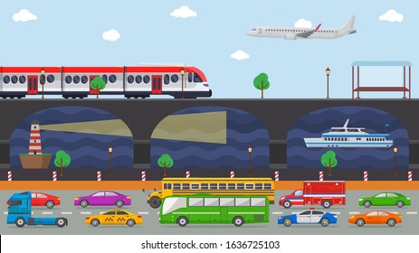 City transport concept vector illustration. Urban road embankment street transport vehicles autos cars, bus, truck, taxi traffic. Railway, train, aircraft, ship, lighthouse, navigation.