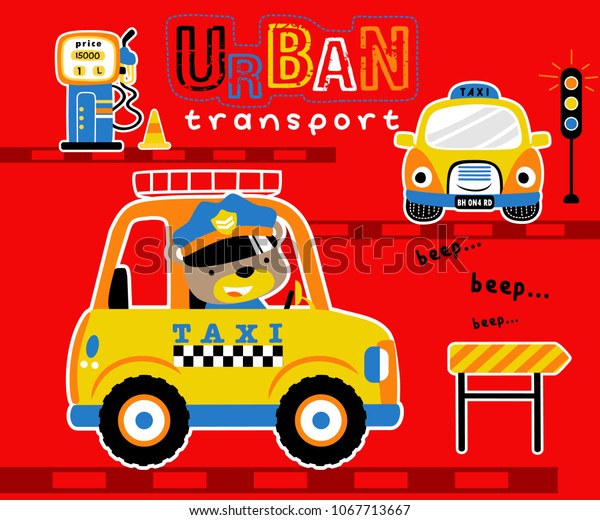 City transport with cute driver. Cars in the\
street. Vector cartoon\
illustration