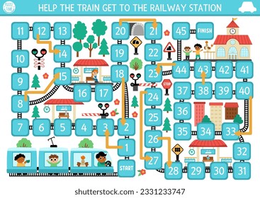 Juego de tablero de dados de transporte urbano para niños con tren que va a la estación de tren. Transporte ferroviario para niños con vías, paradas, pasajeros, barreras, túnel. Actividad imprimible urbana