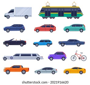 City transport flat icons. Auto cabrio, car bus objects design. Isolated smart vehicles, truck, tramway. Logistic and transportation exact vector set