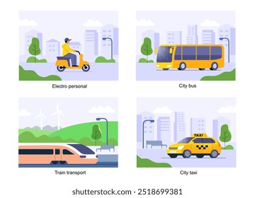 City transport flat vector set. Train, taxi, bus, scooter