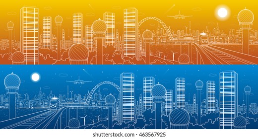 City and transport futuristic panorama, train on the bridge, skyline, tower and skyscrapers, communication technology, white lines landscape, day and night town, airplane fly, vector design art