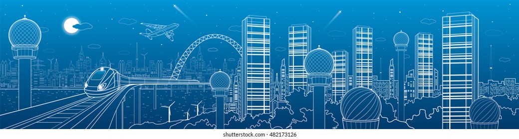 City and transport futuristic panorama, train on the bridge, skyline, tower and skyscrapers, communication technology, white lines landscape, night town, airplane fly, vector design art