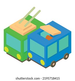 City transport icon isometric vector. Green city trolleybus and blue bus icon. Ground public urban transport, passenger transportation