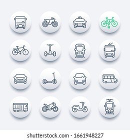 City transport icons set, bus, taxi, train, bikes and scooters, line vector