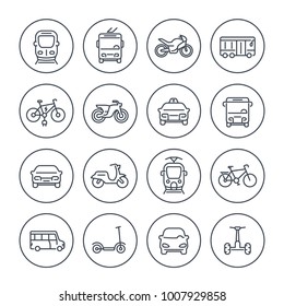 City transport icons set on white, transit van, cab, bus, taxi, train, bikes, scooters, linear style