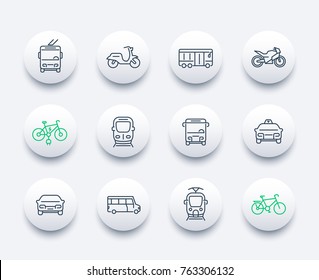 Iconos de transporte urbano, camioneta de tránsito, metro, autobús, taxi, tren, tranvía, bicicletas, estilo lineal