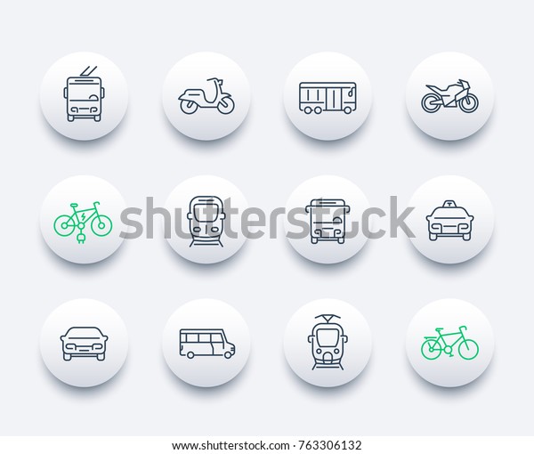 City transport icons set,\
transit van, subway, bus, taxi car, train, tram, bikes, linear\
style