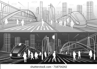 City and transport illustration. Big bridge. Pedestrian crossing. Passengers get in train, people at station. Modern town on background, towers, skyscrapers. Gray and white lines. Vector design art 