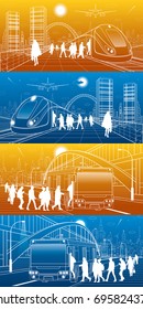 City and transport illustration set. Passengers get on train and bus, people at station. Airplane fly. Modern town on background, towers and skyscrapers. Big bridge. White lines. Vector design art