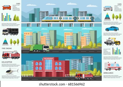 City transport infographic horizontal banners with municipal public vehicles cityscape and diagrams vector illustration