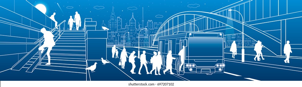 City transport infrastructure panorama. People get off the bus. Pedestrian arch bridge. Modern evening town in background. White lines, night scene. Vector design art 