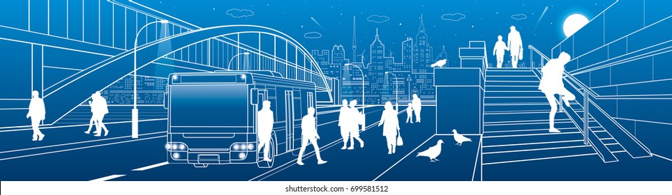 City transport infrastructure panorama. People get off the bus. Pedestrian arch bridge. Modern evening town in background. White lines, night scene. Vector design art 