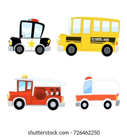 City transport isolated set.Ambulance car, school bus, police car, fire truck 