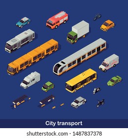 City transport isometric color vector illustration. Urban transportation infographic. Tram, trolleybus, cars and motorcycle. Emergency help services. Auto 3d concept isolated on blue background