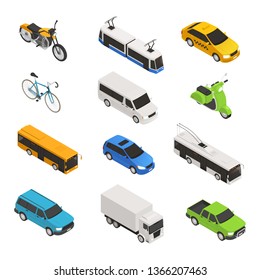 City transport isometric icon set with different isolated taxi bus bike motorcycle trolley bus pickup vector illustration