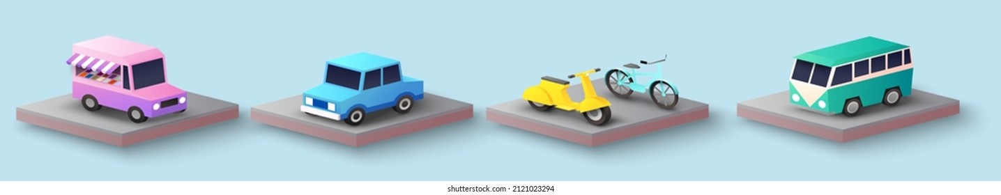 City Transport Isometric Icon Set, Vector Isolated Illustration. Paper Cut Car, Bus, Motor Scooter, Bicycle, Food Truck. Public, Eco Transport, Food Van.